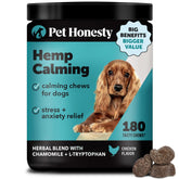 Pet Honesty hemp calming chews bottle closeup promotes canine calm and gentle relaxation