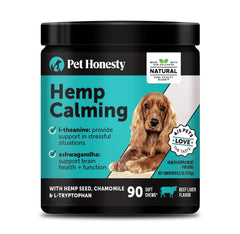 Pet Honesty calming chews bottle front for dog calm and stress support.