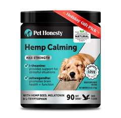 Pet Honesty natural hemp calming chews duck bottle for dogs gentle anxiety support.