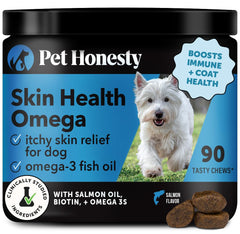 Pet Honesty Omega Skin Health chews bottle shows salmon-rich formula for healthy skin