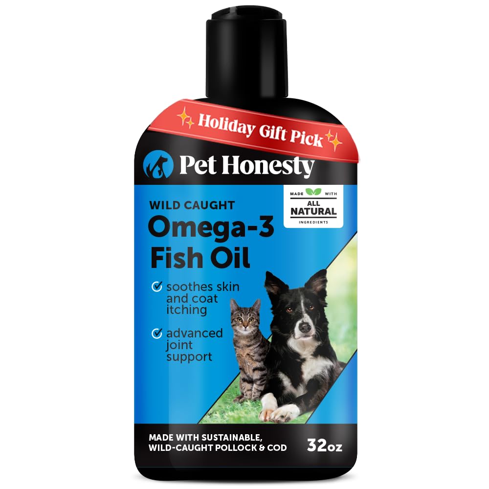 Pet Honesty Omega-3 bottle front promotes a shiny coat and healthy skin.