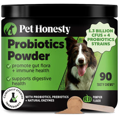 Pet Honesty probiotic pumpkin powder dog scoop for easy daily dosing and digestion support.