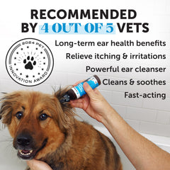 Pet Honesty Restore + Soothe ear cleaner being applied to a dog's ear.