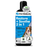 Pet Honesty Restore + Soothe shampoo bottle with coconut formula for sensitive skin