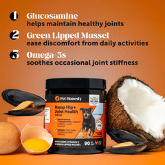 Pet Honesty Senior Hemp Hip & Joint Glucosamine ingredients close-up emphasizes joint support components.