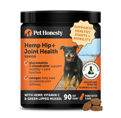 Pet Honesty senior hip joint support chews with peanut butter improve joint comfort for aging dogs.