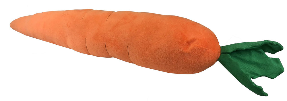 Pet Lou carrot toy, durable plush carrot with squeaks and crinkle for indoor-outdoor fetch and water play.