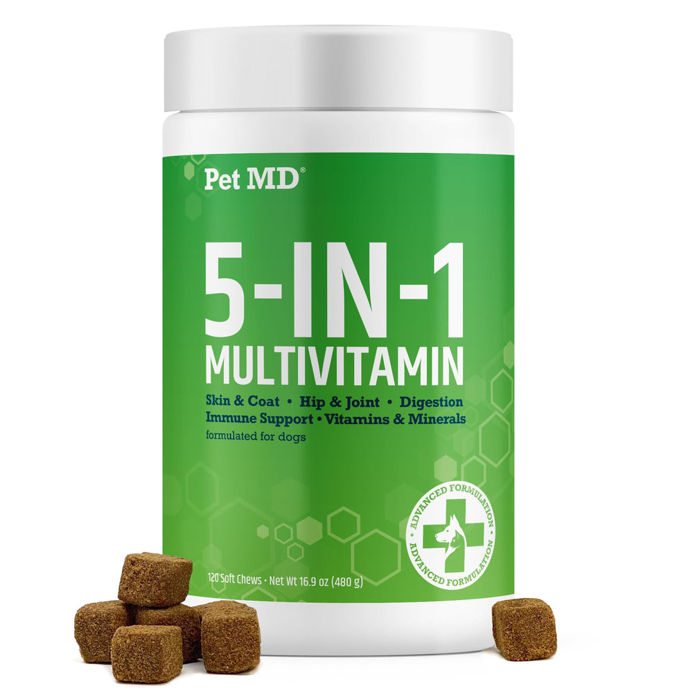 Pet MD 5in1 dog multivitamin packaging displaying premium quality for complete nutritional support.