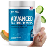 Pet MD Advanced Ear Wipes on finger for precise cleaning.