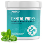 Pet MD dog breath freshener wipes packaging showing a 100-count container for easy dental care
