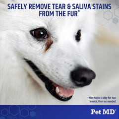 Pet MD Dog Eye Wipes in use around the eye area for stain lifting.