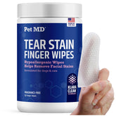 Pet MD Finger Wipes packaging highlights fragrance-free, hypoallergenic eye care.