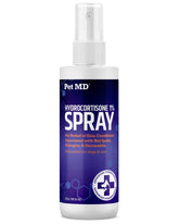 Pet MD Hydrocortisone spray bottle showing clear label and cap for quick itch relief