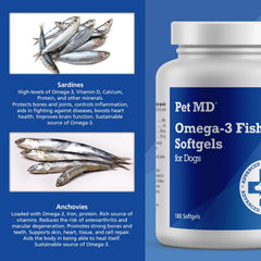Pet MD Omega 3 dog skin comfort image illustrating relief from dry skin and irritation