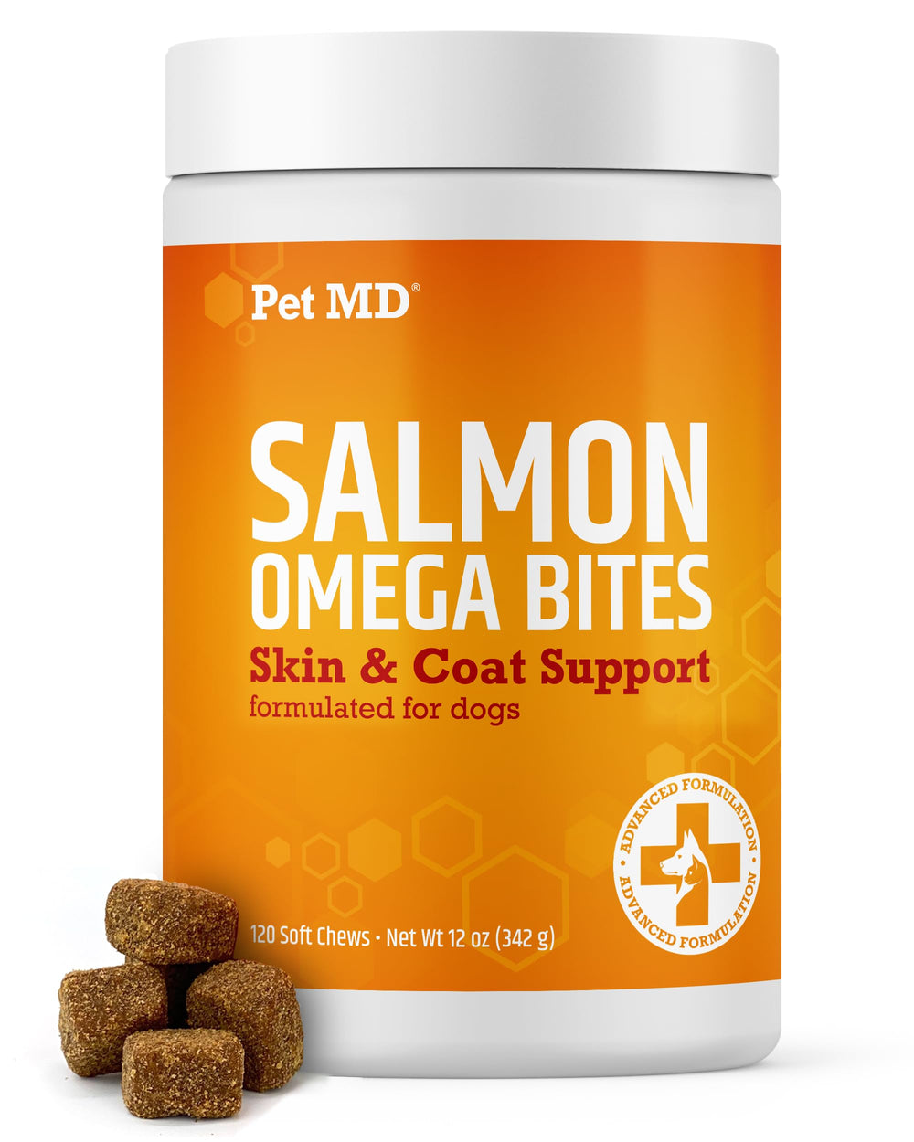 Pet MD Salmon Omega Bites in a dog bowl, supporting a shiny coat.