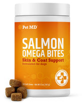 Pet MD Salmon Omega Bites in a dog bowl, supporting a shiny coat.