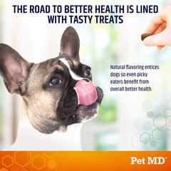 Pet MD Salmon Omega Bites packaging indicating USA-made quality.