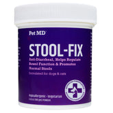 Pet MD Stool-Fix powder packaging enabling easy, tasteless dosing over meals.