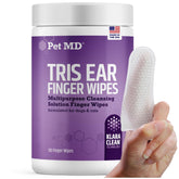 Pet MD Tris Ear Finger Wipes on finger for precise cleaning.