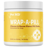 Pet MD Wrap A Pill jar showing cheese-bacon paste for easy pill hiding and flavor