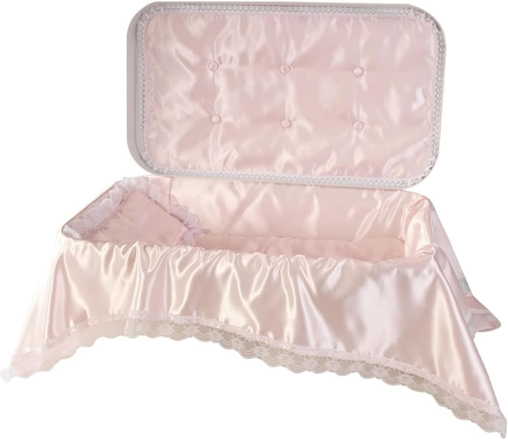 Pet Memory Shop Elegance small white-pink casket closeup for dignified memorial.