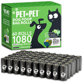 PET N PET 1080-count bag rolls shown for bulk dog waste cleanup on walks.