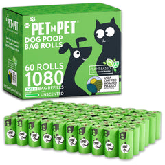 PET N PET 1080-count green poop bags packaging for easy daily dog-walk cleanup.
