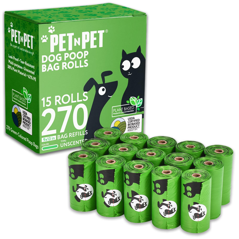 PET N PET green poop bags roll ready for quick cleanups on walks.