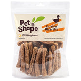 Pet 'n Shape Duck 'n Rice Stix packaging reseal preserves freshness for rewards.
