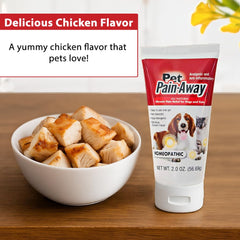 Pet Pain Away bottle back with ingredients and usage guidance.