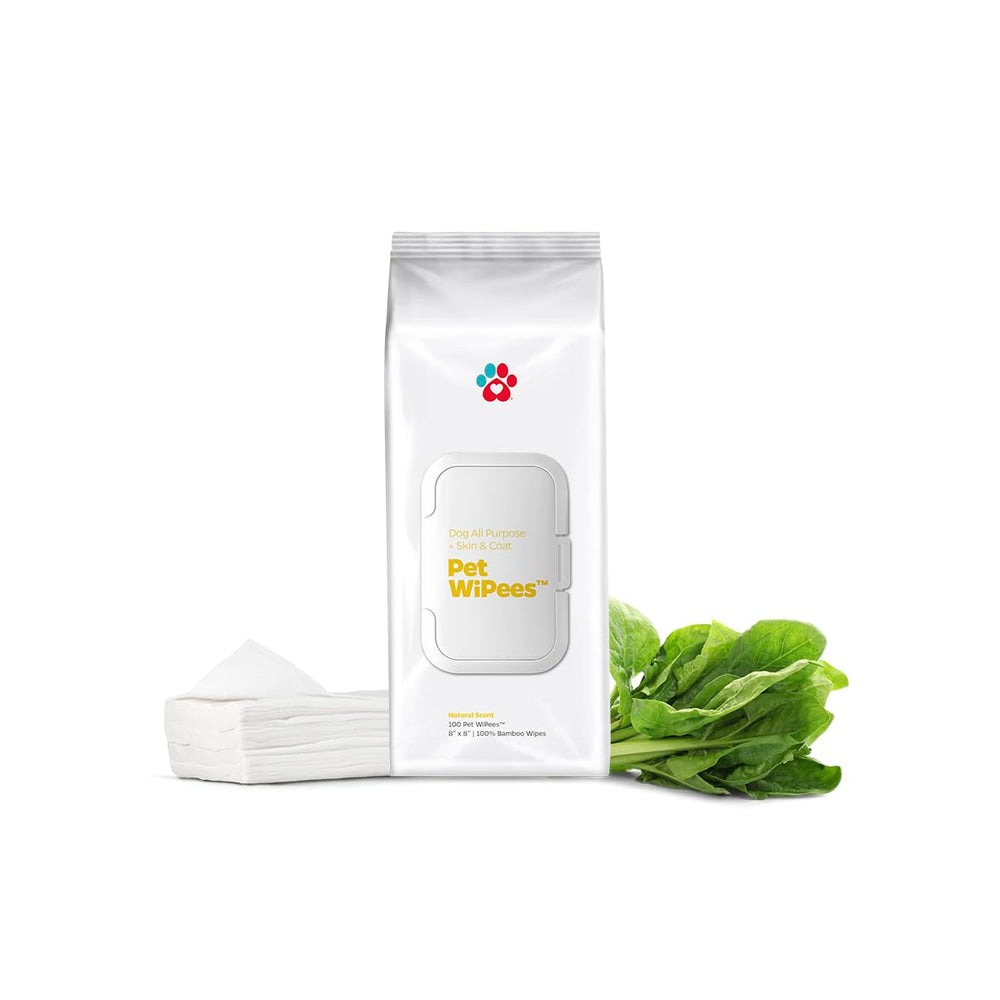 Pet Parents WiPees pack shot showing 100ct all-natural wipes for paws, folds, and fur care