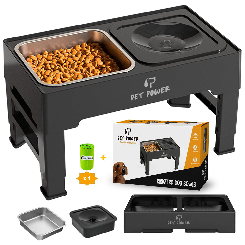 PET POWER elevated dog bowls front view showing adjustable height for better feeding posture