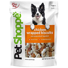 PET SHOPPE Real Chicken Wrapped Biscuits 25 oz packaging—protein-rich chew for dental care.
