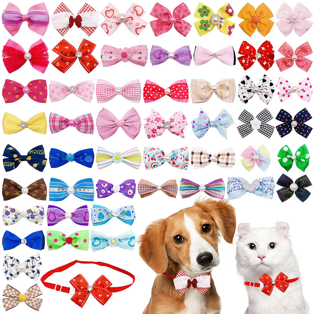 PET SHOW 50-pack bow ties for small dogs in assorted colors for daily grooming.