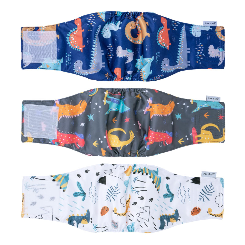 Pet Soft Dino XXL belly band pack for reusable male dog diapers in homes with multiple pets.