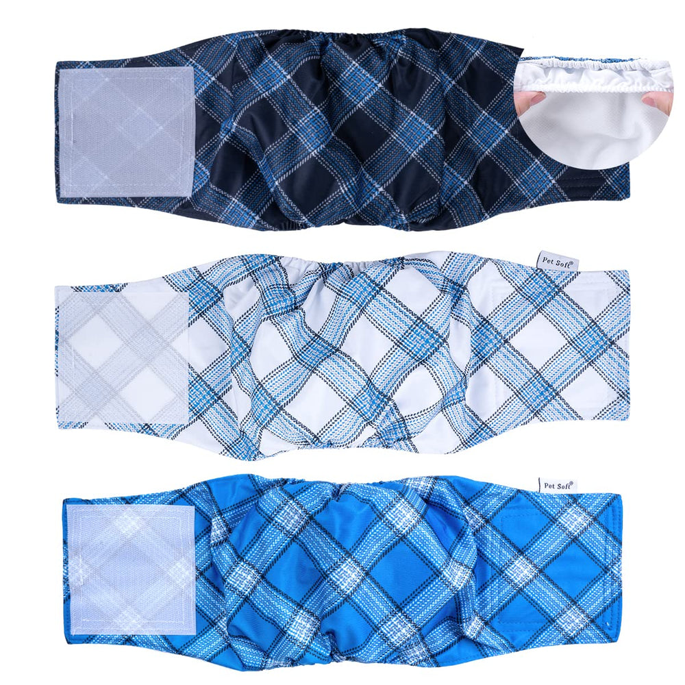 Pet Soft dog belly band in blue plaid worn on a dog for secure, reusable protection.