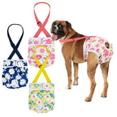 Pet Soft dog diapers with suspenders in flowers front view for secure, comfortable fit.