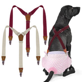 Pet Soft Dog Suspenders package in brown and burgundy for quick setup and purchase