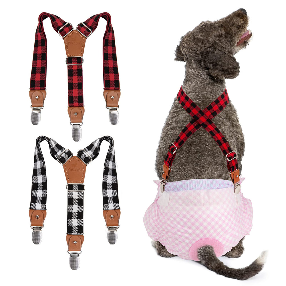 Pet Soft dog suspenders plaid pack closeup shows adjustable buckle for secure fit