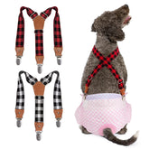 Pet Soft dog suspenders plaid pack closeup shows adjustable buckle for secure fit