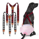 Pet Soft dog suspenders plaid pattern worn for secure diaper keeping.