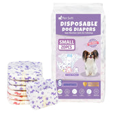Pet Soft female dog diapers pack front view shows small-dog fit and patterns.