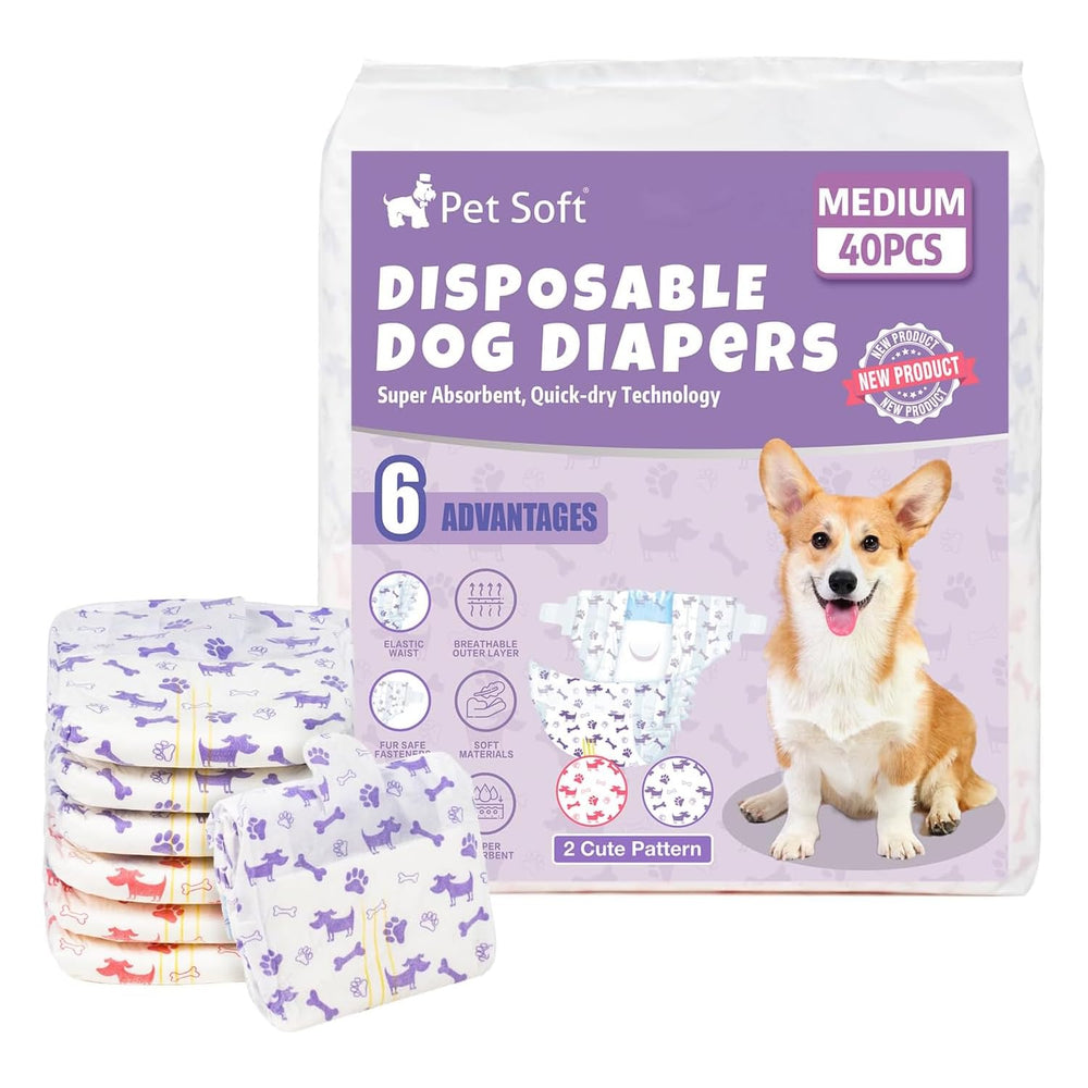Pet Soft female dog diapers packaging shows ready-to-use protection for home and travel.