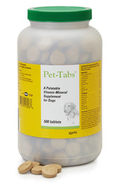 Pet-Tabs multivitamin bottle front shows daily wellness for dogs.