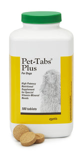 Pet-Tabs Plus bottle front shows 180 chewables for daily dog nutrition support