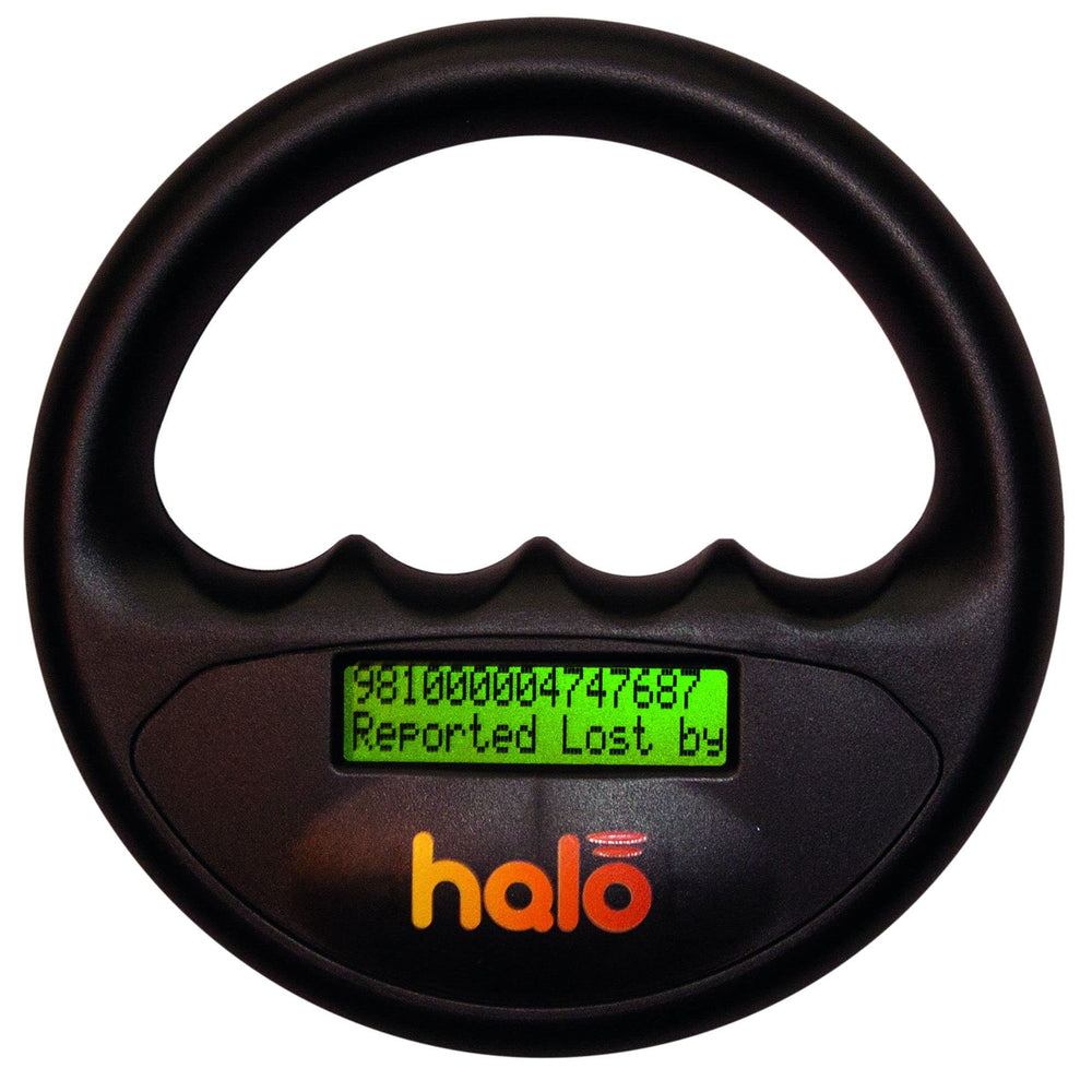 Pet Technology Store Halo Scanner front view shows compact black design for quick pet chip reading
