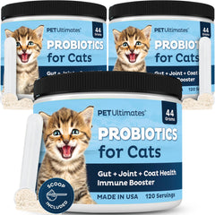 Pet Ultimates Probiotics for Cats bottle-dispense with tasteless powder for easy meal topping.