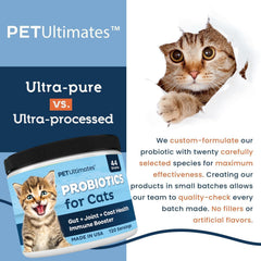 Pet Ultimates Probiotics Digestive Health Bottle signals broad support for cat digestion.