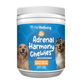 Pet Wellbeing Adrenal Harmony Chewies bottle in view highlighting vet-formulated adrenal support for dogs.