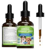 Pet Wellbeing Adrenal Harmony Gold bottle demonstrates canine adrenal support for calmer days.
